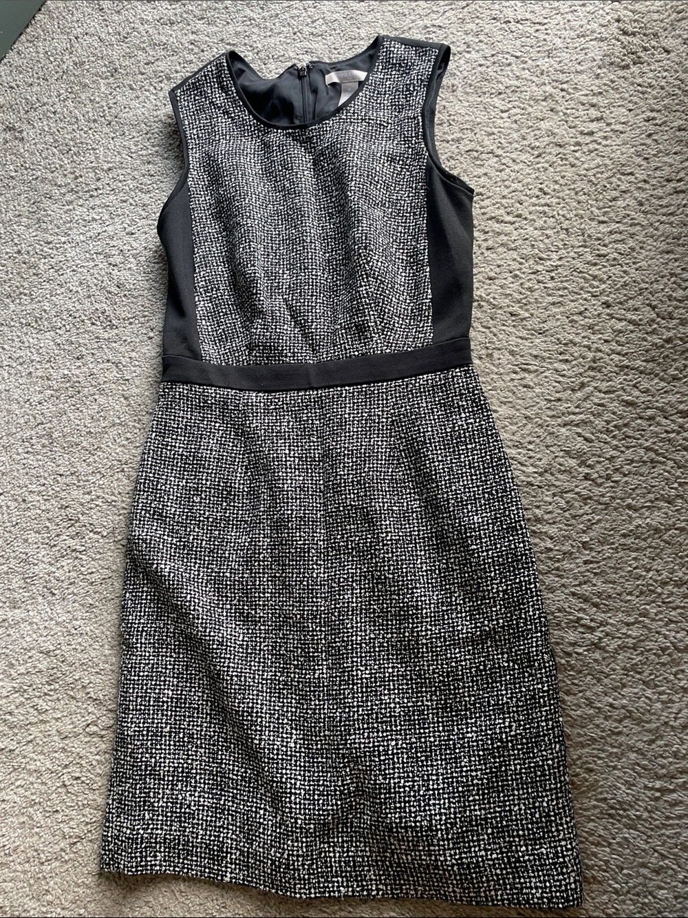 Banana Republic Sleeveless Black and White Tweed Midi Sheath Dress